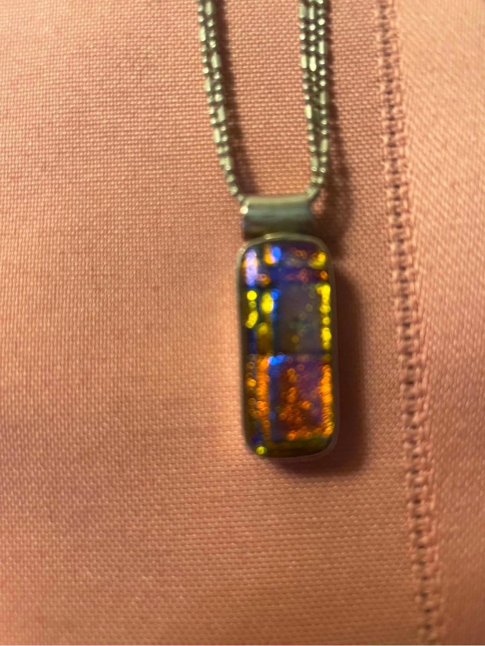 Sterling Silver Dichroic Glass Rectangle Pendant Necklace in Orange and Blue